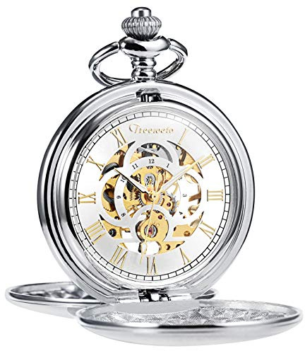 TREEWETO Taschenuhr Unisex Taschenuhr mit Kette Analog Mechanisch Handaufzug Doppelscharnier Antik Römische