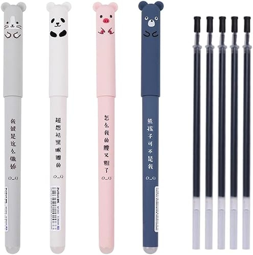 Gelschreiber Kugelschreiber 4 mit 5 Schwarze Nachfüllungen, Süße Schweine Panda Löschbare Gel Stift Schwarz 0,35 mm Tintenschreiber Für Studenten, Schreibwaren, Büro