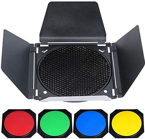 GODOX BD-04 Barn Door, Honeycomb Grid and Colour Gel Filter Set for 7 Standard Reflector, Continuous LED Video Lighting or Studio Flash Strobe Accessories