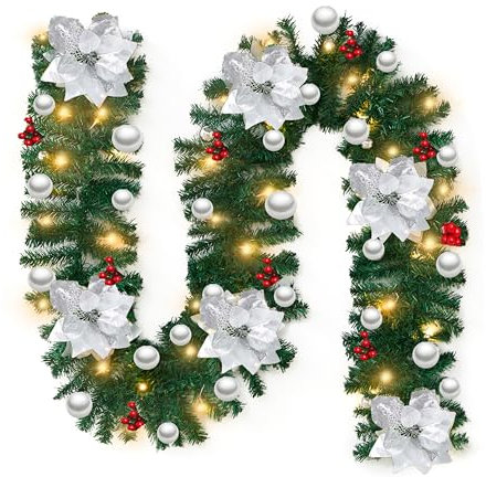 9FT Christmas Garland with Lights for Stairs, 2.7M Wreath Garlands Decorations with Lights, Flower and Ball for Fireplace Wall Door Xmas Tree Garden Yard Holiday Decor, Silver