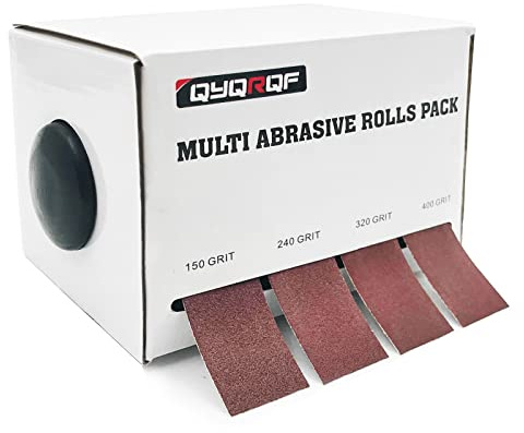 QYQRQF Rollo de papel de lija abrasivo de 4 granos, papel de lija surtido con dispensador para carpintería, pulido de metales automotriz, grano 150, 240, 320, 400 por rollo, 8 metros