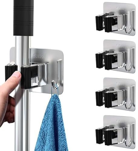 homeasy Mop Broom Holder, Stainless Steel Wall Rack, 4 Pcs, Silver Mix | 4 pcs self adhesive mop holders with hooks, waterproof stainless steel rack for bathroom, kitchen, garage and garden storage