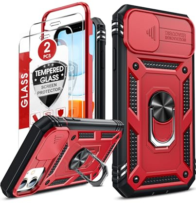 LeYi Cover per iPhone 11 con Vetro Temperato [2 Pack],Custodia con Protezione Fotocamera [Slidable] Antiurto Grado Militare 360°Magnetica Anello Supporto TPU Bumper Silicone Custodie Rosso