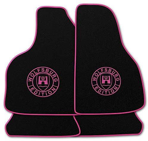 AUTOTEPPICH-Stylers NF100 Schwarze Fußmatten passend für VW Golf 3 1991-1996 mit Logo Wolfsburg Edition WOB und Rand in pink