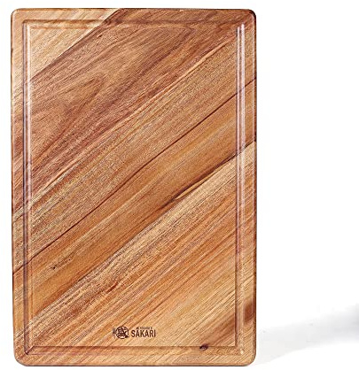MITSUMOTO SAKARI 42 x 28,5 x 2,3cm Planche à Découper en Bois d'Acacia | Planche à Découper Professionnelle en Bois, Planche à Découper Professionnelle Naturelle, Avec Cavité Anti-Enversement