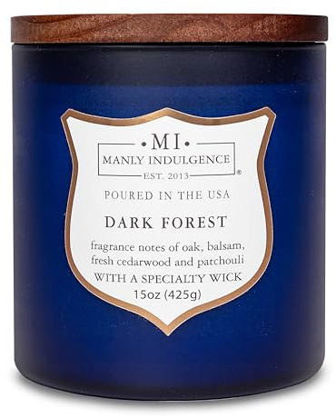 Manly Indulgence Dark Forest Scented Jar Candle for Men, Wood Wicked Candle, 15 oz - Oak, Balsam, Fresh Cedarwood & Patchouli - Up to 60 Hours Burn, Soy Blend Wax, USA Poured, Navy Blue