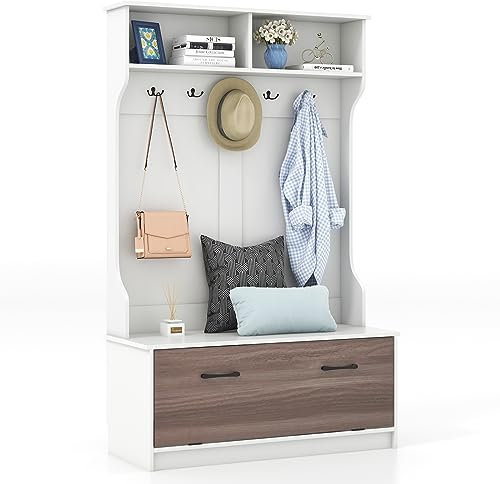 COSTWAY Garderobenständer mit Sitzbank & 5 Doppelhaken, Garderobe mit offenen Fächern & Schuhschrank, Flurgarderobe für Eingangsbereich, Schlafzimmer, 100 x 40 x 160 cm (Weiß)