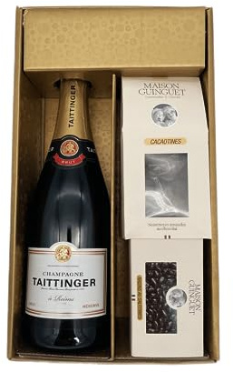 Coffret Cadeau Or - Champagne Taittinger -1 Brut - Cacaotines (1x150g) et Raisins au sauternes (1x100g) MAISON GUINGUET