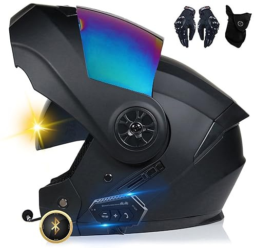 Bluetooth Motorradhelm, Vollvisierhelm mit 2 Fahrern Helm Bluetooth Intercom DOT/ECE Genehmigt, Leicht, Klapphelm mit Doppelvisier, Modularer Helm für Erwachsene Männer Frauen S~XL