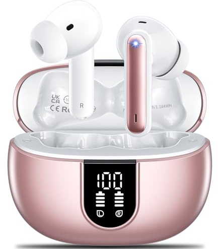 AOVOCE Bluetooth Kopfhörer,Kopfhörer Kabellos Bluetooth 5.3 Sport In-Ear Kopfhörer mit 4X ENC Mikrofonen bass-Stereo & 42h Spielzeit IPX7 wasserdicht kopfhörer LED-Akku-Anzeige,Roségold