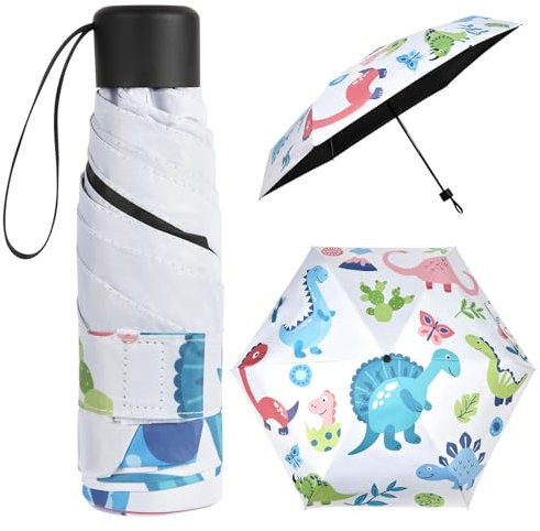 Vicloon Taschenschirm Ultraleicht, Mini Umbrella mit 6 Edelstahl Rippen, Kompakt, Faltender UV-Regenschirm für Erwachsene und Kinder, Leicht Kompakt, Stetig, Dinosaurier Muster, 220g