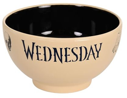 Elbenwald Cuenco para Desayuno de Wednesday - Cuenco de Cereales con Iconos de Wednesday, Calavera, Luna y Mano fría - 600 ml - 8 cm de Altura - Ø 13 cm - Cerámica - Negro