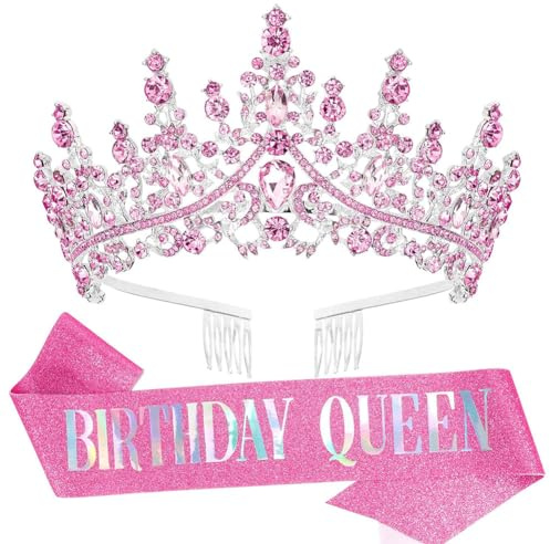REYOK Cumpleaños Corona y faja Tiara Rosa Corona de Cristal Birthday Queen Sash Corona cumpleaños para niñas y mujeres, diadema de imitación Tiara de cumpleaños Mujer Corona Diadema Tocado Accesorios