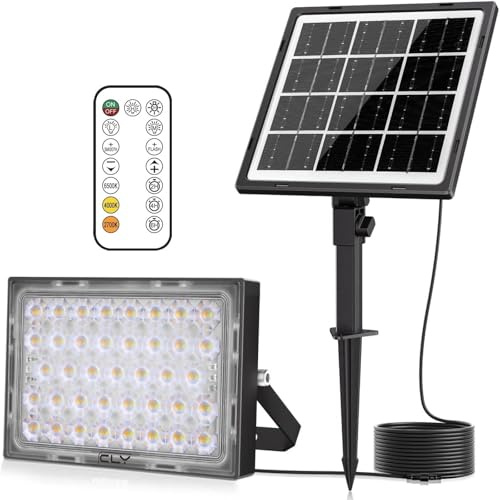 CLY Solar Strahler Außen Mit Fernbedienung 30W 2600LM Solarstrahler | 2700K-6000K 2 Helligkeit Solarlampen Für Außen 2 Dynamische Modi Timing-Funktion 5000mAh Solar Aussenleuchte IP66 Wasserdicht