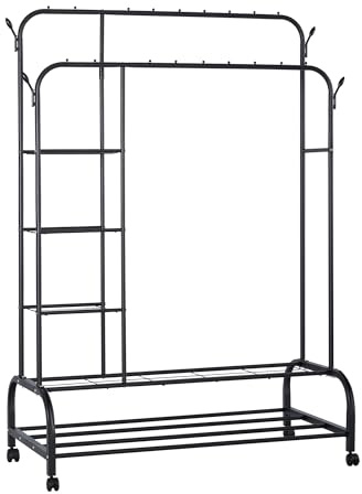 Perchero burro doble con estructura de metal resistente, estantes laterales, zapatero inferior y ruedas giratorias | Organizador móvil ideal para ropa, zapatos en dormitorio o vestidor (Negro)