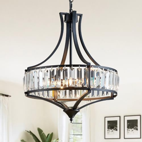 Cabvope Crystal Chandeliers for Dining Room, Modern Black Crystal Chandelier Light Fixture, Round Rustic Farmhouse Hanging Light for Living Room Kitchen Hallway Bedroom Foyer, 15.7 Inch, 4-Light