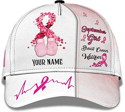 Baseballkappe Wobreast Cancer Pink Ribbon Geschenk 3D Personalisieren Für Brustkrebs-Kriegerin, Geboren Im September Sonnenblende Mütze Baumwolle Freizeit Basecap Schirmmütze Basecap