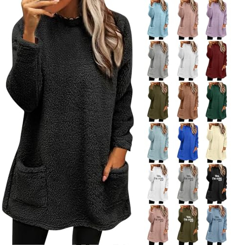 Generisch Pullover Damen Lang Teddy Fleece Flauschig Pulli Weich Winter Warm Sweatshirt Ohne Kapuze Oversize Casual Langarm Fleecepulli Lose Plüsch Pulli Tops Lockeres Oberteile Mit Taschen