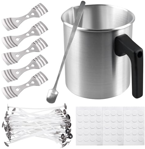 Kerzenherstellung Topf, Kerzenherstellung Kit mit 60 Kerzendochte, 1 Löffel, 5 Kerzendochthalter, DIY Wachsschmelztiegel, 1.2L Candle Melting Pot mit Hitzebeständigem Griff, Kerzen Selber Machen Set