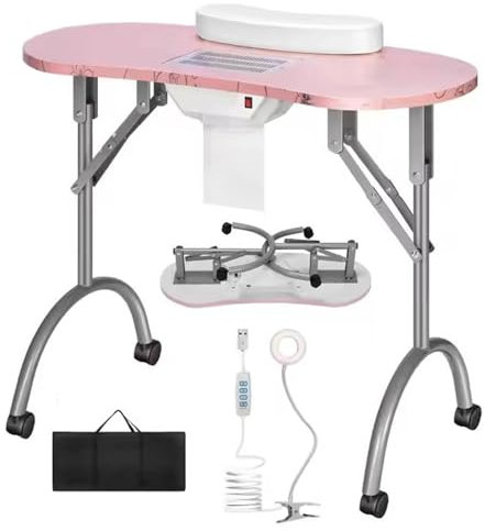 GAENZA Tragbarer Nageltisch Manikürtisch Klappbare Nageltischstation Mit Eingebautem Staubabsaugventilator, Einstellbarer LED-Lampe, Kundenhandgelenkauflage, 4 Feststellbaren Rädern, Tragetasche,02