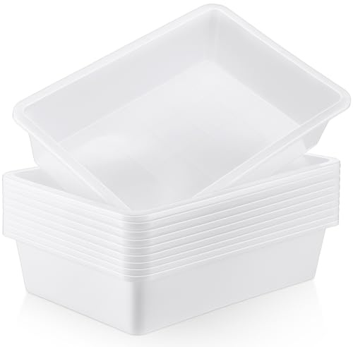 Hoteam 10 Pcs Flat Storage Organizer Tray Bin Letter Size Paper Tray for Classroom Plastic Stackable File Organizer for School Office Teacher Book Organization（ White, 13.78 x 9.84 x 3.15 Inch）