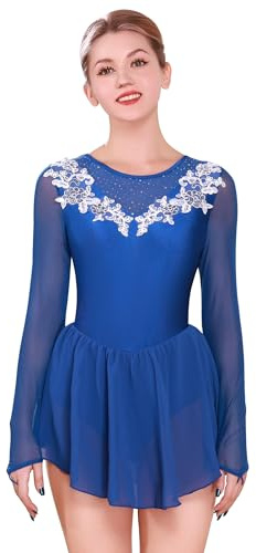 FYMNSI Damen Tanzkleid Eiskunstlauf Kleid Langarm K�rkleid Rollkunstlauf Wettbewerb Tanzanzug mit Strass Blumen Mesh Chiffon Rock Ballettkleid Gymnastik Leotard Turnanzug Tanzkost�m K�nigsblau M