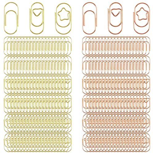 300 Stück Bunt Büroklammern, Metall Herzform Sternform Pausbackenform Büroklamme, Klein Lesezeichens, Büroklammern Set für Dekorative Büro Klassenzimmer Zuhause Hochzeit (Gold, Roségold)