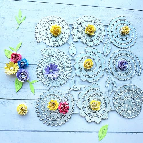 arriettycraft Metall-Stanzformen mit Spiralblumen, 9 Blumenstile, für Kartenherstellung, Gänseblümchen-Rosen, fließende Stanzformen, Stanzschablonen für DIY, Scrapbooking, Album, dekorative