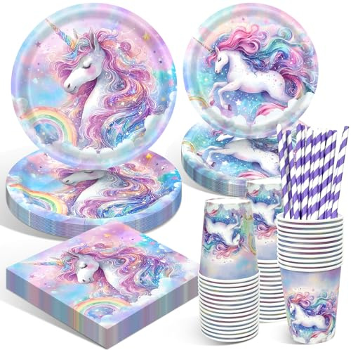 WINAROI Einhorn Partygeschirr Set,Einhorn Geburtstag Kindergeburtstag Deko, Unicorn Geburtstag Geschirr, Unicorn Pappteller Teller Tassen Servietten Party Deko für Mädchen Birthday Wiederverwertbar
