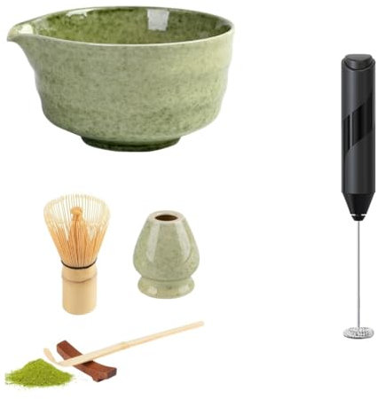 Ensemble à matcha avec mousseur à lait portable, kit de 6 pièces comprenant une cuillère en bambou, un bol à matcha, un support de fouet, un fouet à matcha, un repose-cuillère, un service à thé