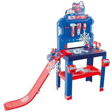 Smoby – Spidey Werkbank mit Sprungschanze – Werkcenter, 94 Zubehörteile mit 6 Werkzeugen & Fahrzeug-Bausatz – Spielwerkbank für Kinder ab 3 Jahren