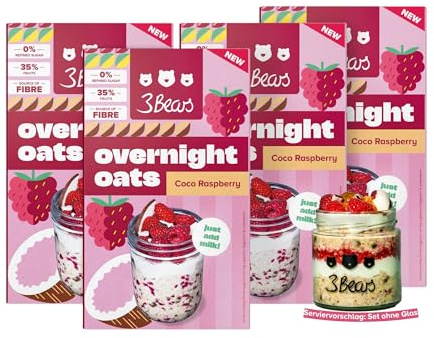 3Bears Overnight Oats Kokos Himbeere (4x400g) – Streng limitierte Sommer-Edition – ohne Industriezucker – Haferflocken mit Kokos & Himbeere – Veganes Frühstück ohne Aufwand