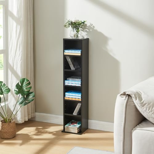 [en.casa] Estantería para CDs Tynset Soporte para DVDs Recuerdos Librería con 6 Compartimientos Estantes Ajustables en Altura Aglomerado 90 x 20 x 20 cm - Negro