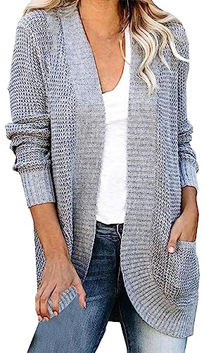 Cardigan en tricot épais pour femme - Oversize - Long - Grosse maille - Court - Sans boutons - Avec poches - Cardigan décontracté - Manteau élégant - Pull couleur unie - Manteau en tricot, gris, XXXL