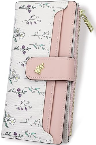 Farcauo Purses for Women Long Ladies Purse RFID Wallet for Women Cute Wallets with Card Holder Pink Ladies Kawaii Flower Card Wallets Coin Purse with Credit Card Holder