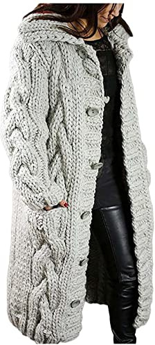 Ladies Open Front Cardigan Plus Size Long Chunky Knitted Cardigan Coats Cable Knit Sweaters Solid Color Lightweight Long Sweater Coats Button Outwear with Pockets Autumn Winter Tops Loungewear