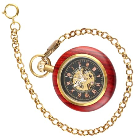 Gatuida Retro Taschenuhr mit Holzrand und Römischen Ziffern Antike Mechanische Uhr mit Kette für Herren