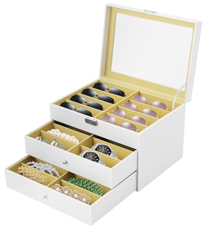 GDSKR 3-Schichten Brillenbox, 24 Slot Brillen Aufbewahrung Box, PU Brillenpräsentation, für Aufbewahrung und Präsentation von Brillen, Sonnenbrillen, für Mehrere Brillen, Schmuck, Uhren