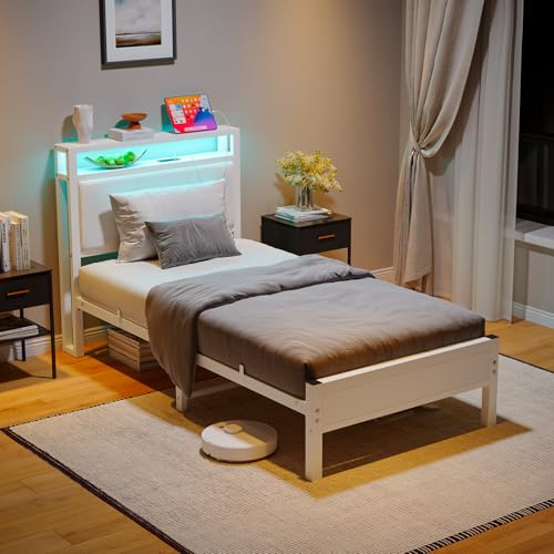 FOUBAM 3FT Single Bed Frame with Storage Headboard, White | Metal Single Bed with Upholstered Headboard, LED Lights and Charging Station, Heavy Duty Metal Slats Support,Easy Assembly