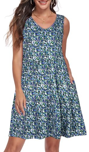 Gosunny Abito estivo da donna, senza maniche, scollo a V, lunghezza al ginocchio, per il tempo libero, con tasche, B-blu floreale, M