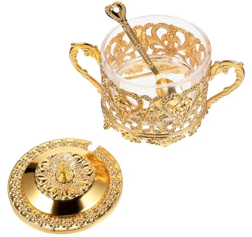 ARTSEWPLY Sugar Pot Vintage Spice Jar Golden Iron Glass Condiment Container | Storage Box, Portable Chocolate Container, Packing Case, Special Shape for Kitchen and Dining Room