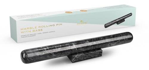 Silk Route Home Black Marble Rolling Pin with Stand – Heavyweight Solid Marble Rolling Pin for Baking, Naturally Cool & Non-Stick, Even Dough Rolling
