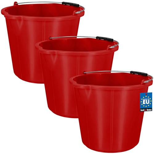 KOTARBAU® Baueimer 15 L, Mörteleimer, Mörtelkübel mit Ausguss, HDPE | 3er Set, Maurer Werkzeug Eimer, Mörtelkübel, Kunststoff, Putzeimer mit Henkel und Skala, Rund, Rot