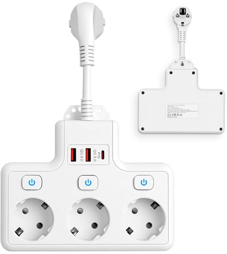 BOSYTRO 3-Fach Verteilersteckdose,Steckdosenleiste mit USB (PD 18-20W),6-In-1 Steckdosenadapter mit 3 Unabhängige Schaltdosen Mehrfachsteckdose für Küche Wohnzimmer Schlafzimmer Büro Max 3500W 16A-XP