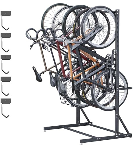 LIROPAU Freestanding Bike Stroage Rack for Max 5 Bikes | Vertical Bike Hanger Holds for Road Bikes or Mountain, Space Saving, Thick Metal Black Floor Mount for Indoor & Garage