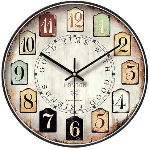 NUOVO Retro Funkuhr Wanduhr, Rund, 30 cm, Lautlos & Hohe Genauigkeit, Geeignet für Schlafzimmer, Küche und Büro