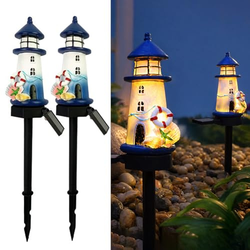 WRQIOO 2 Stück Solar Leuchtturm, Leuchtturm Garten, Leuchtt-urm Solar Gartenstecker, Solarstecker für Außen Garten, Leuchtt-urm Deko Garte-n für Außen, Terrasse, Rasen, Gar-ten, Hof, Wege