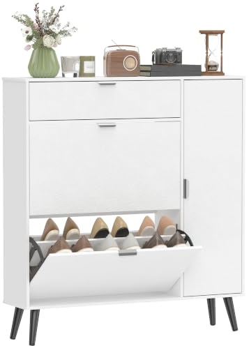 HOMCOM Schuhschrank mit 2 Klappen Schmal Schuhkipper 99,4x23,8x106,6cm Weiß | 2 Soft-Close-Türen mit Lederoptik, Verstellbar Trennwand, Schuhkommode für 10-12 Paar Schuhe, Flur, Eingang