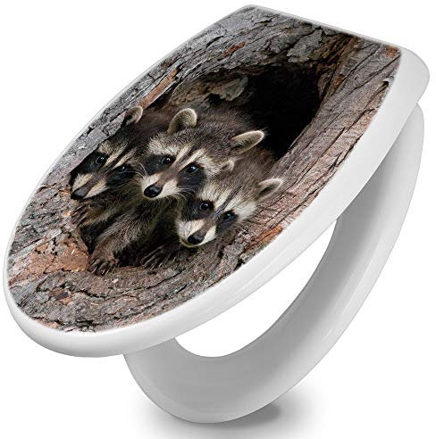 banjado Toilettendeckel mit Absenkautomatik 44,5x37cm / WC Brille Soft Close/hygienischer Toilettendeckel/Klodeckel Duroplast Edelstahl Scharniere einfache Montage/Motiv Drei Waschbären