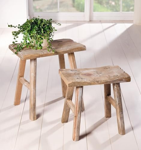 Dekoleidenschaft 2 Holz-Hocker Rustikal im Antik Stil, Blumenständer, Blumenhocker, Gartendeko, Sitzhocker, Fußhocker, Pflanzenhocker, Pflanzenständer, Dekohocker